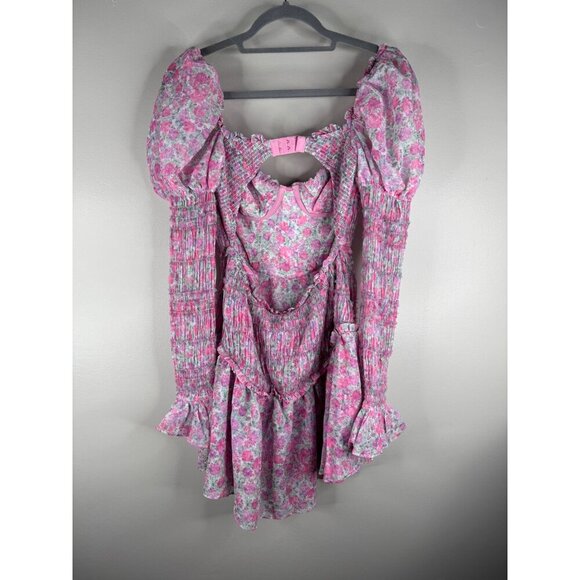 NWT For Love & Lemons Oakley Smocked Floral Mini Dress Size M Pink Purple Green - Picture 6 of 6